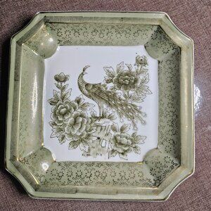 Vintage Andrea Sadek Decorative Green Square Hand Painted and Gilt Peacock Dish